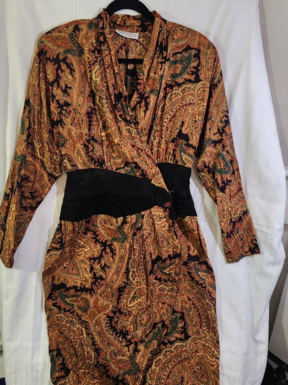 Vtg 80s Patty O'Neil Monique Robidoux Paisley Midi Dress Ruched Waist Size 12